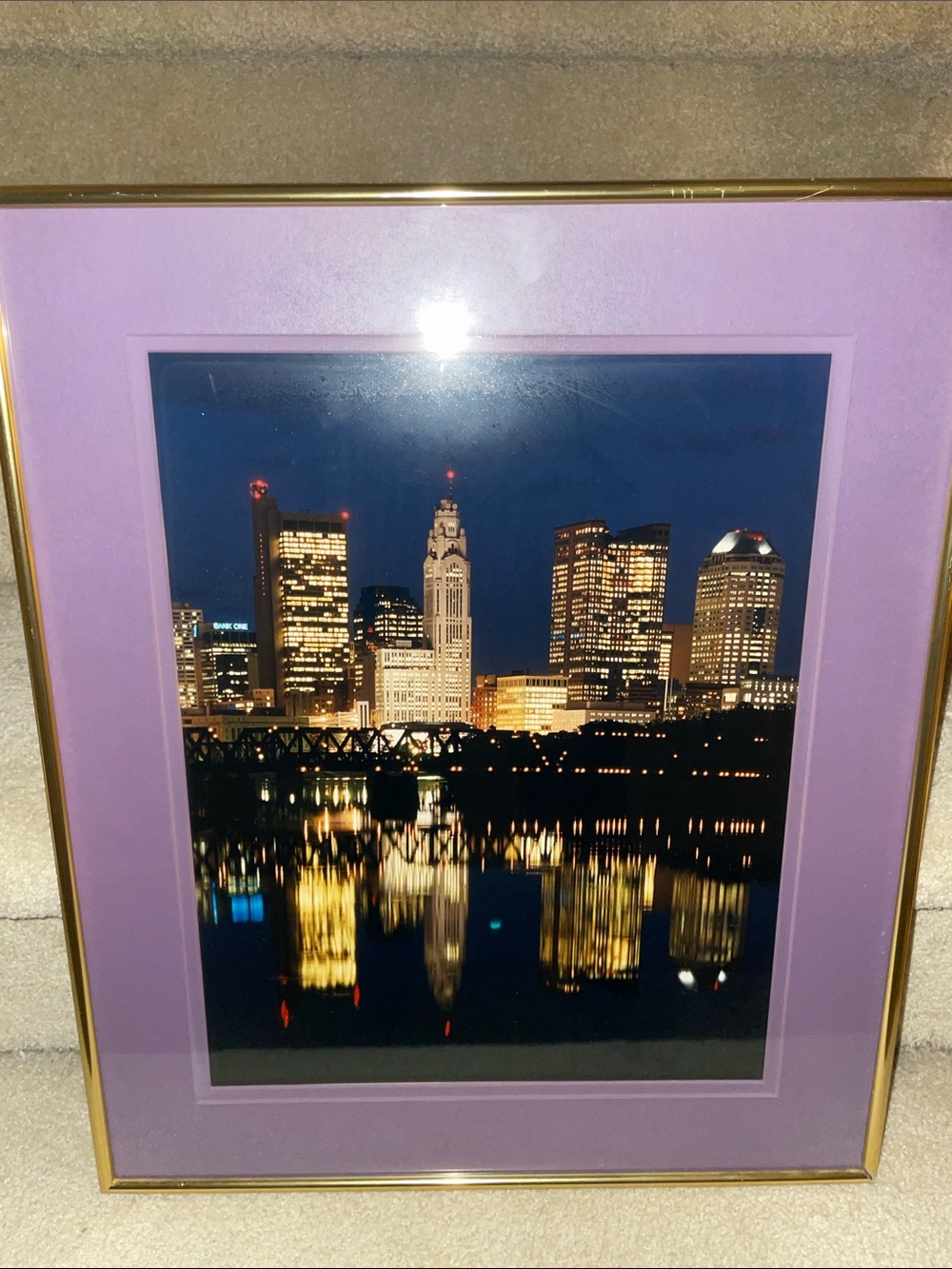 VTG Gold Metal Framed and Matted Columbus Skyline Photograph 18.5”x15.5”
